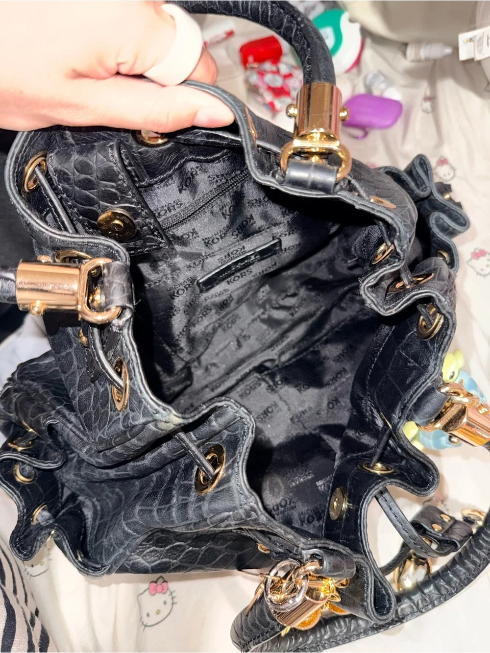 Michael Kors Black Croc-Embossed Drawstring Shoulder Bag with Gold Hardware